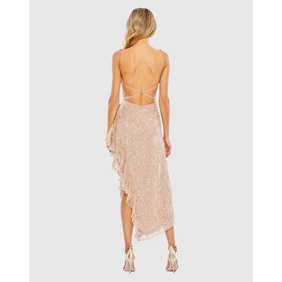 Mac Duggal NWT Sequined Faux Wrap Ruffle Asymmetrical Hem Dress in Mocha Size 14 - Picture 3 of 8